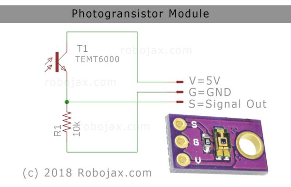 robojax_TEMT6000_phototransistor_schematic HC-SR501 – Piroelektromos Mozgásérzékelő